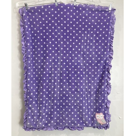 HTF Carters Purple white polkadot Pink Owl blanket satin ruffle edge Plush Thick - Picture 4 of 10